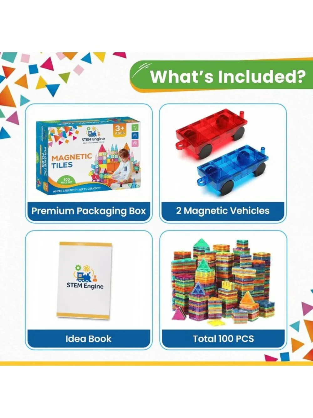 100 Pc Magnetic Building Blocks Set for Kids - Educational Magnet Tiles & Cars